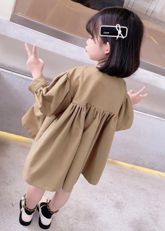 Khaki O-neck Patchwork Kids Mid Dresses Fall