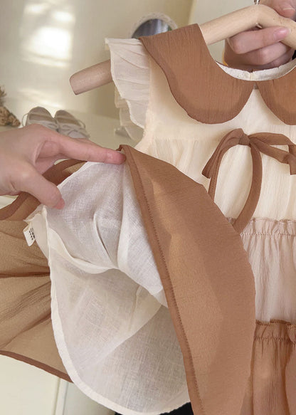 Khaki Peter Pan Collar Ruffled Chiffon Kids Dress Summer