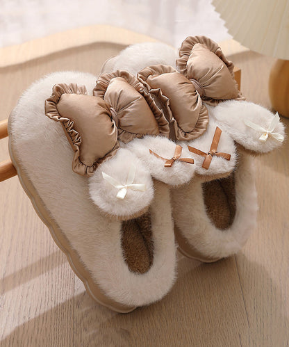 Khaki Slippers Shoes Splicing Bow Fuzzy Wool Lined