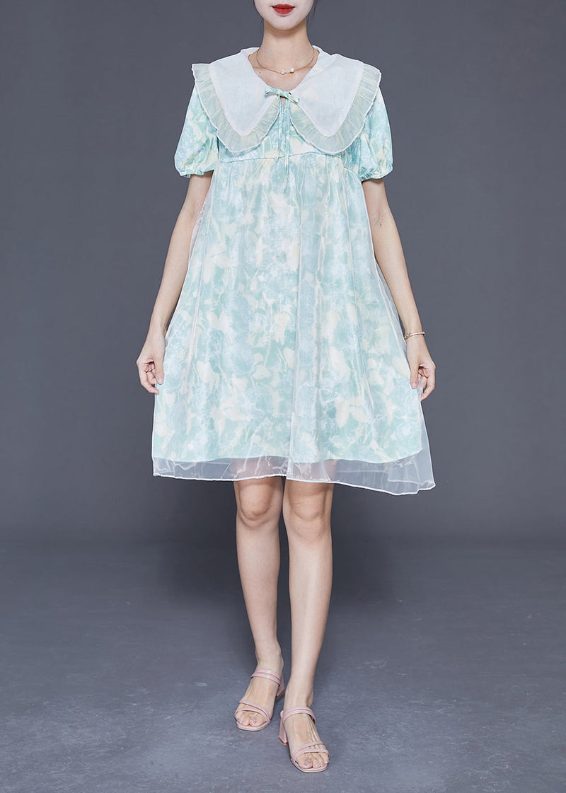 Light Blue Bow Collar Print Tulle a Line Dress Summer