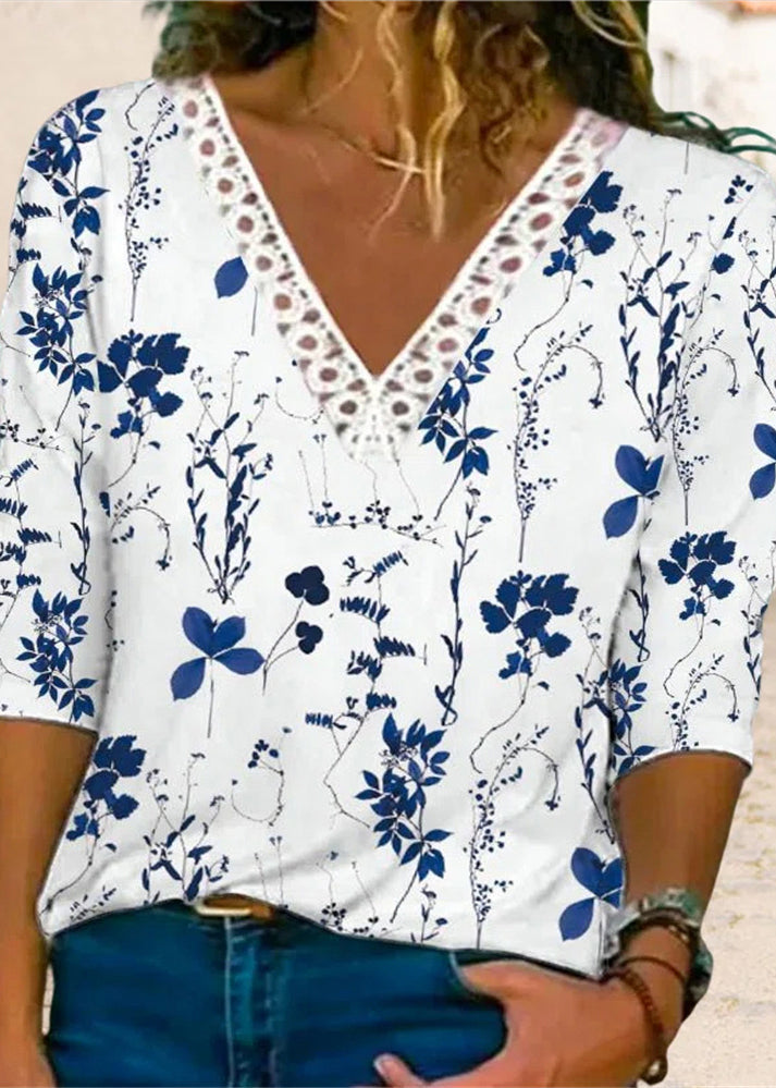 Light Blue V Neck Lace Patchwork Print T Shirt Long Sleeve