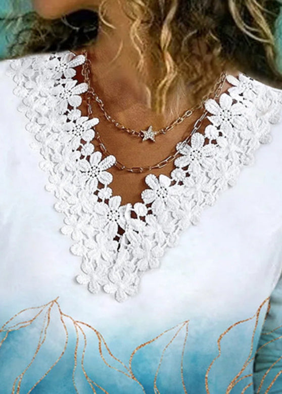 Light Blue V Neck Lace Patchwork Print T Shirt Long Sleeve