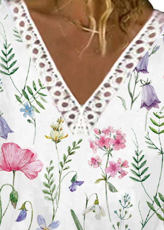Light Blue V Neck Lace Patchwork Print T Shirt Long Sleeve