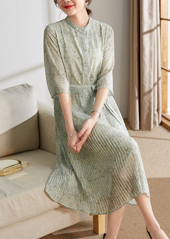 Light Green Print Button Tie Waist Chiffon Holiday Maxi Dress Summer