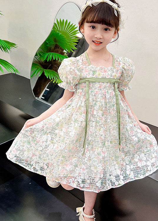 Light Green Print Patchwork Tulle Kids Dresses Summer