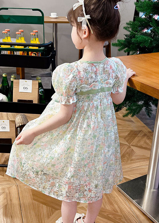 Light Green Print Patchwork Tulle Kids Dresses Summer