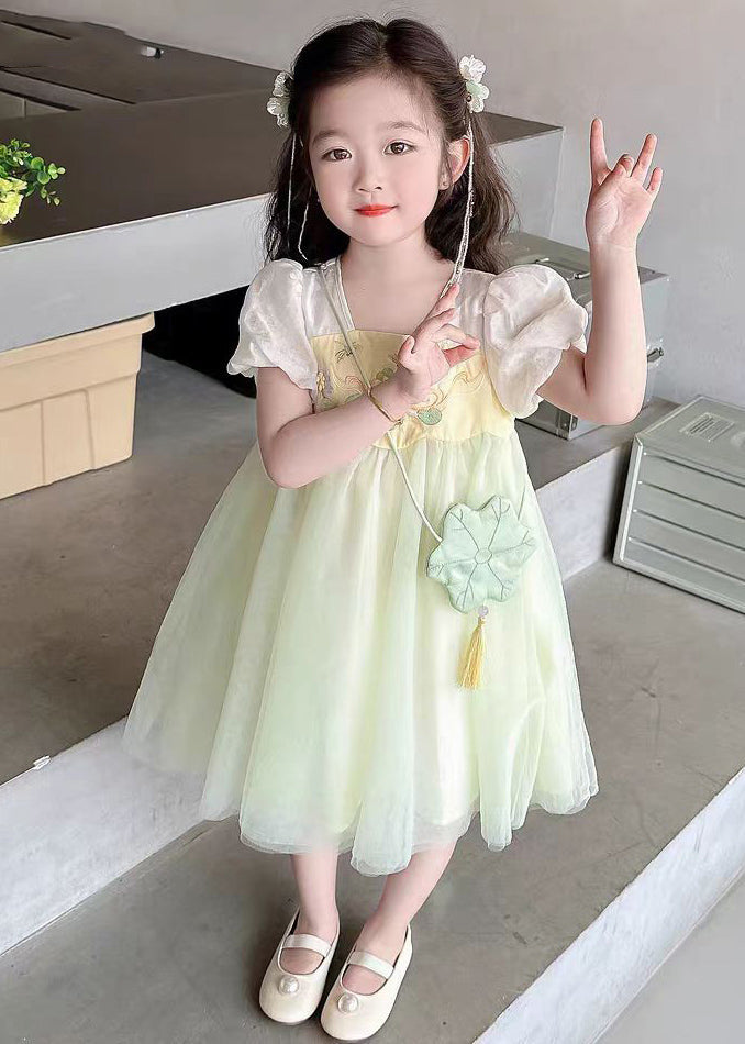 Light Green Square Collar Patchwork Tulle Kids Long Dresses Short Sleeve