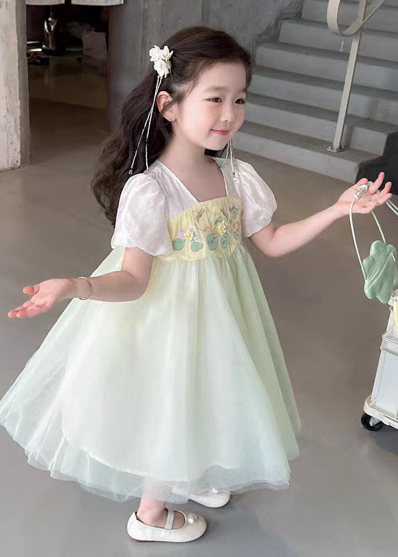 Light Green Square Collar Patchwork Tulle Kids Long Dresses Short Sleeve