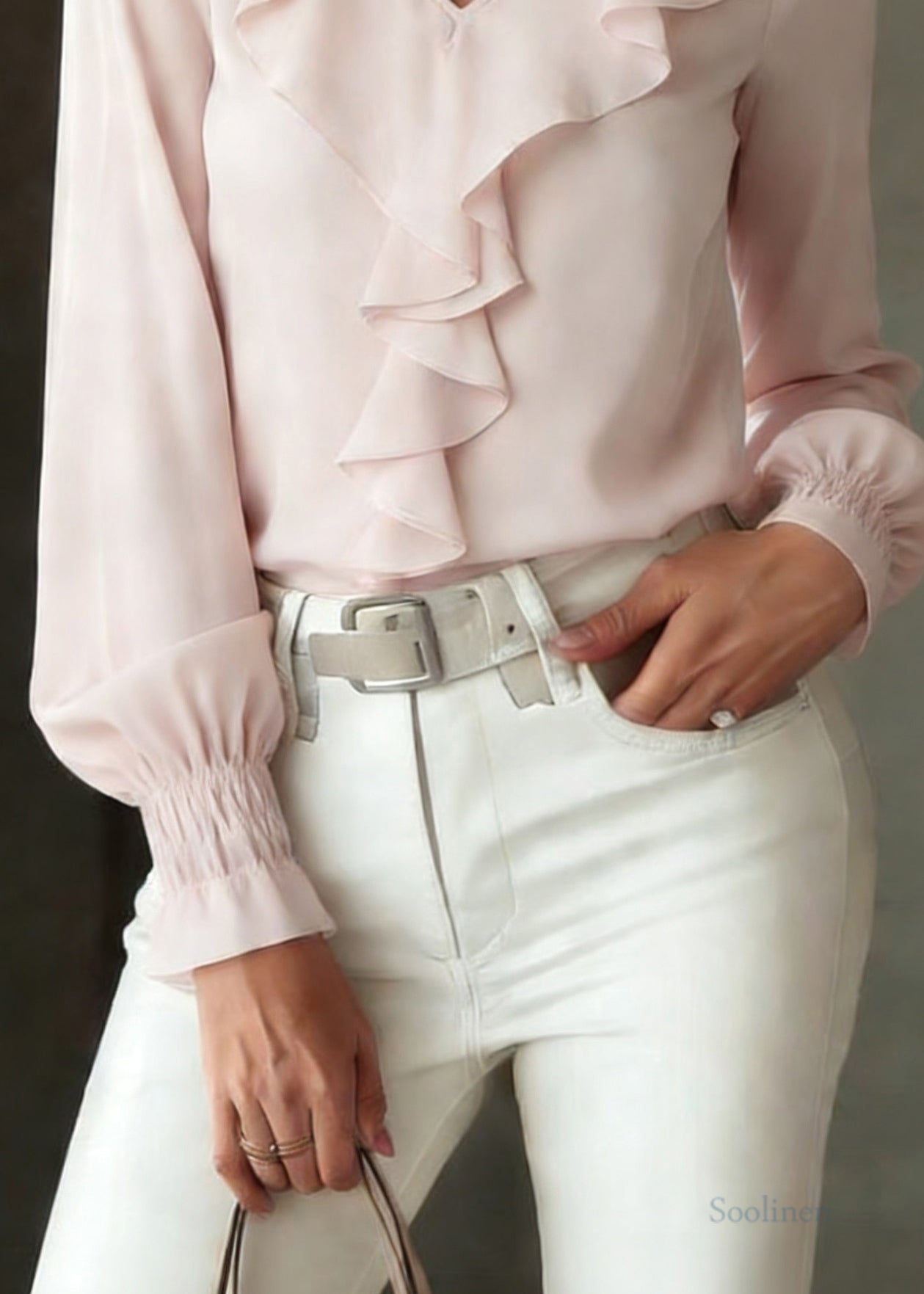 Cute Light Pink Ruffled Patchwork Silk Shirt Lantern Sleeve