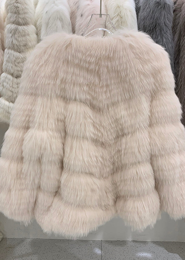 Light Pink V Neck Patchwork Leather and Fur Coats Winter