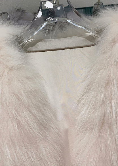 Light Pink V Neck Patchwork Leather and Fur Coats Winter