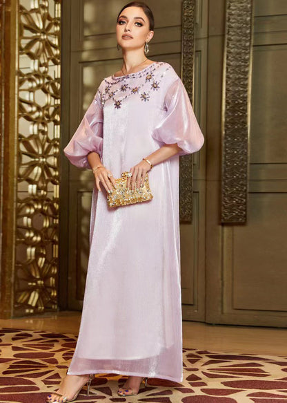 Light Purple O-neck Zircon Tulle Holiday Long Dress Lantern Sleeve