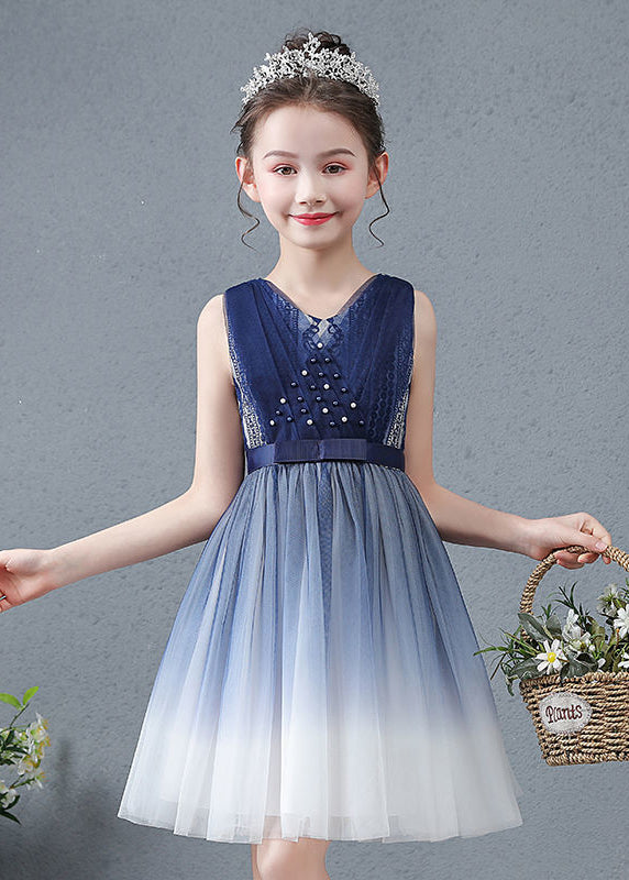 Navy V Neck Nail Bead Gradient Color Tulle Baby Maxi Dress Summer
