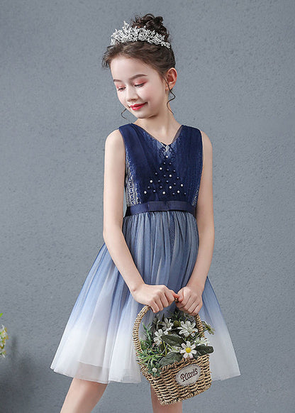 Navy V Neck Nail Bead Gradient Color Tulle Baby Maxi Dress Summer
