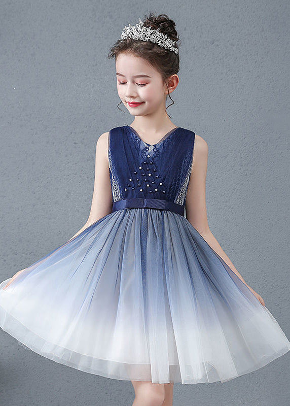 Navy V Neck Nail Bead Gradient Color Tulle Baby Maxi Dress Summer