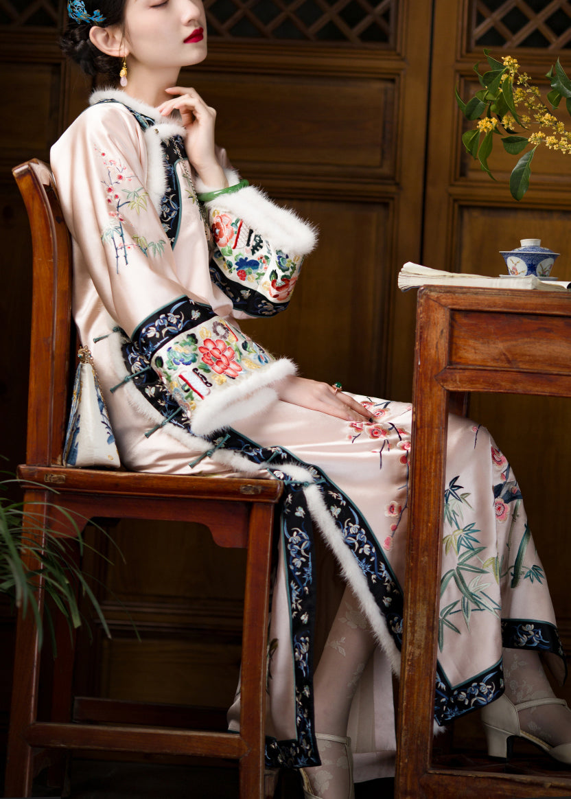 O-neck Embroideried Thick Silk Cheongsam Long Sleeve