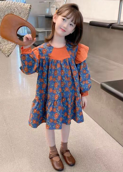 Orange O Neck Print Patchwork Cotton Dress Fall
