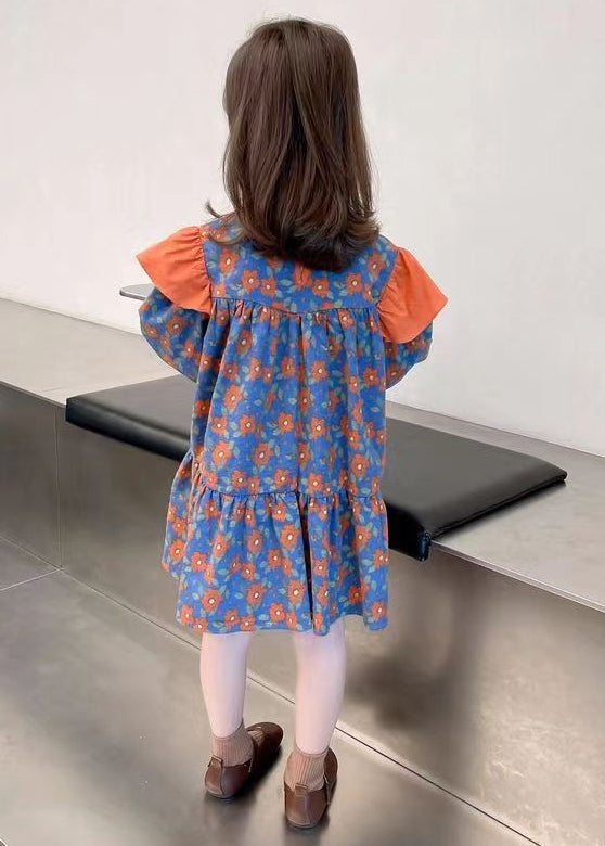 Orange O Neck Print Patchwork Cotton Dress Fall