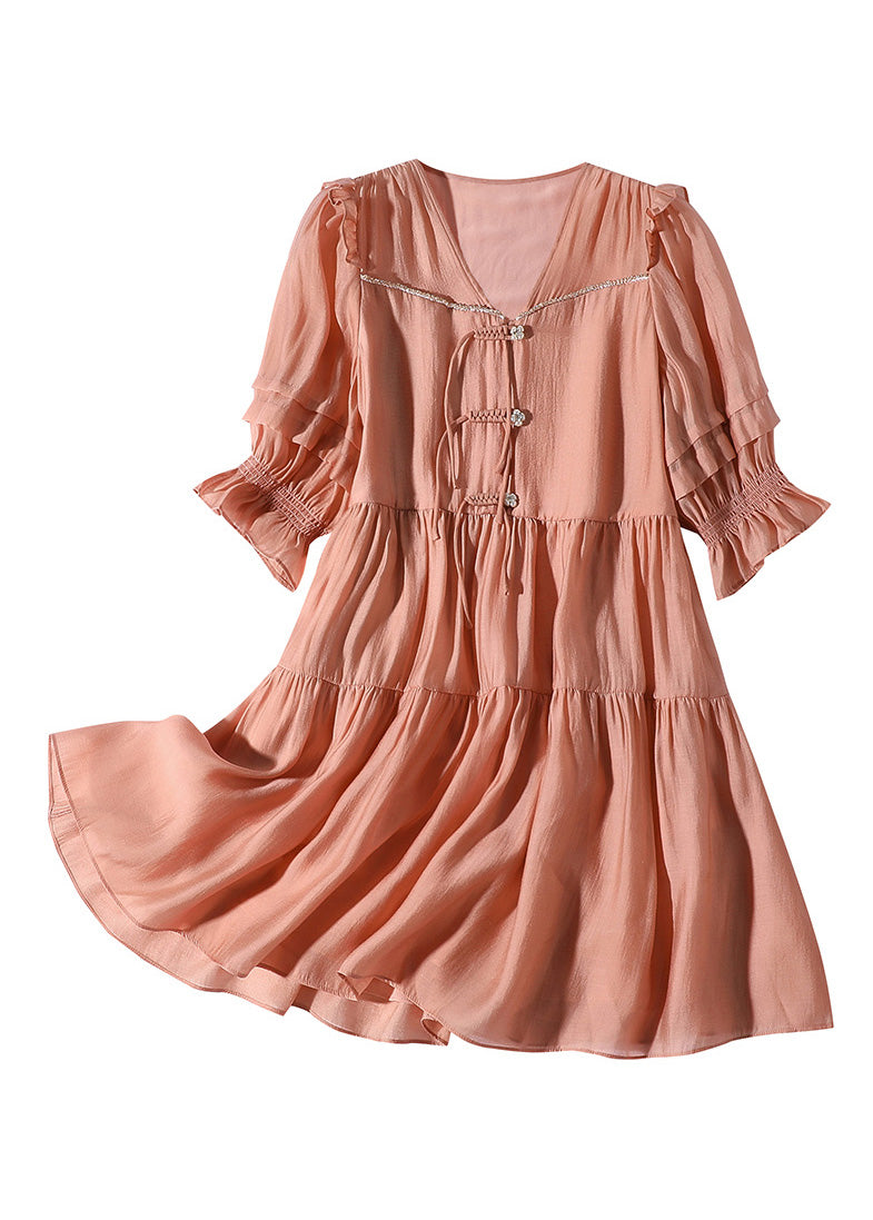 Orange V Neck Patchwork Button Silk Mid Dress Summer
