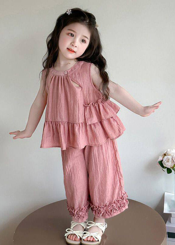 Pink Asymmetrical Hollow Out Top and Wide Leg Pants Two Pieces Set Summer