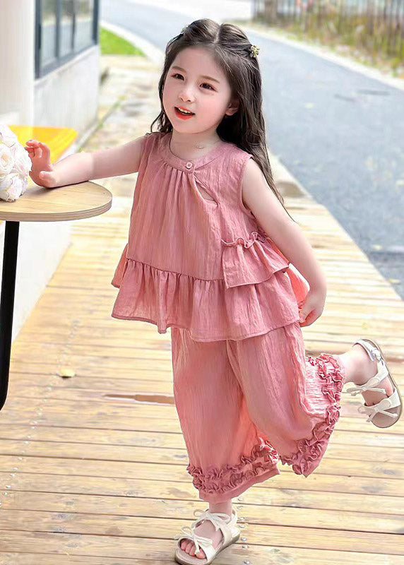 Pink Asymmetrical Hollow Out Top and Wide Leg Pants Two Pieces Set Summer