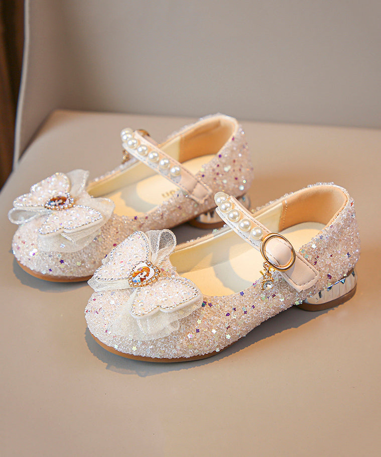 Pink Bow Zircon Nail Bead Buckle Strap Kids Princess Shoes