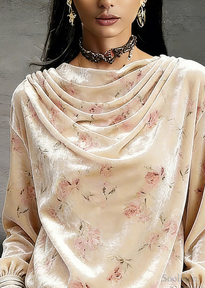 Cute Pink Draped Necklin Print Silk Velour Shirts Lantern Sleeve