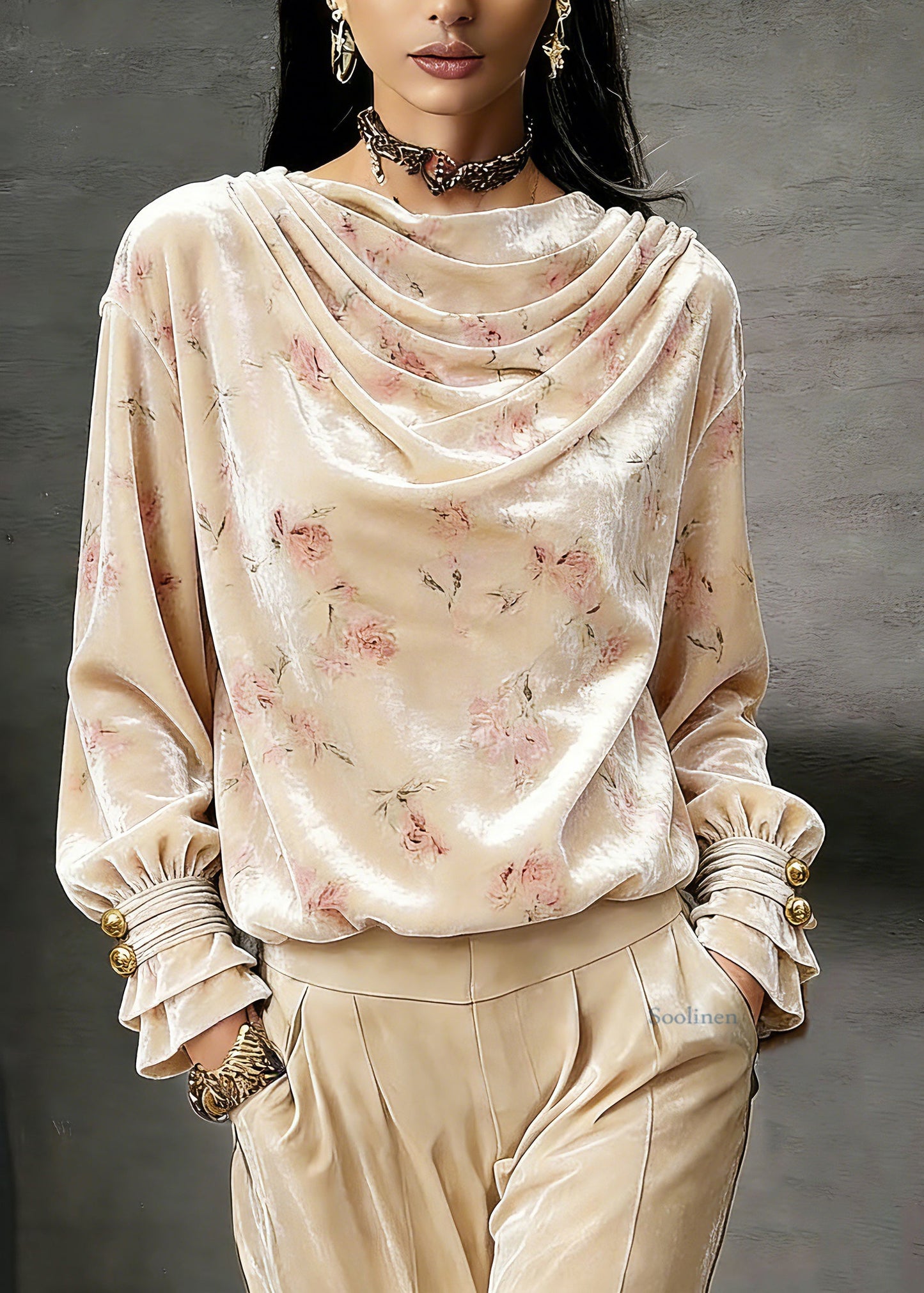 Cute Pink Draped Necklin Print Silk Velour Shirts Lantern Sleeve