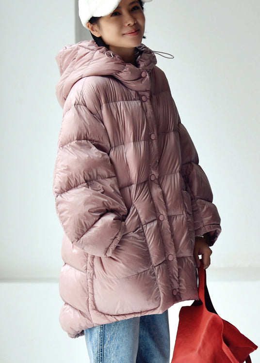 Pink Drawstring Zippered Button Low High Design Hooded Duck Down Filled Down Coat Winter