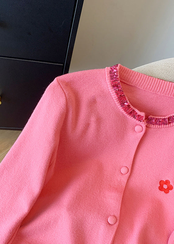 Pink Embroidered Sequins Cotton Knit Cardigans Spring