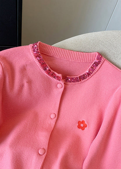 Pink Embroidered Sequins Cotton Knit Cardigans Spring