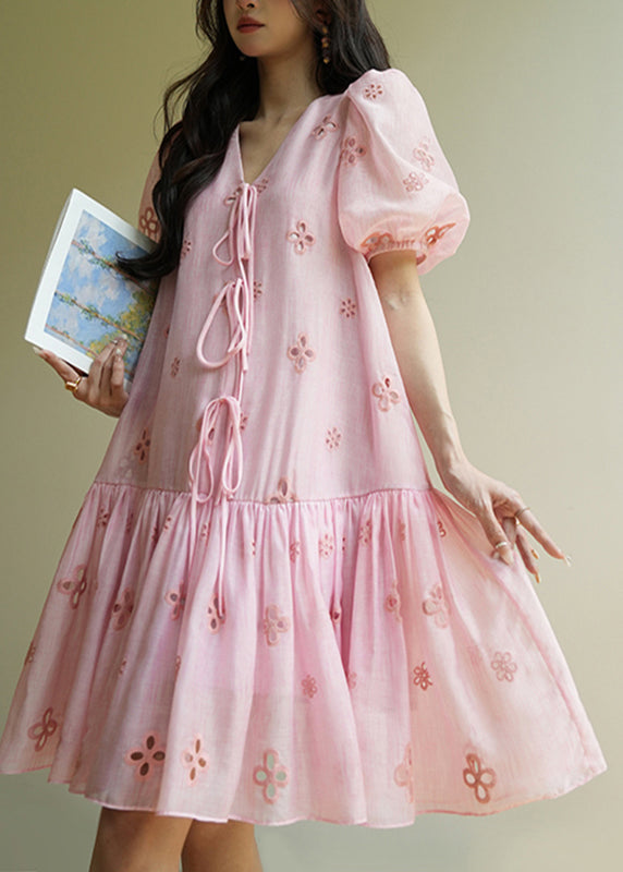 Pink Embroidered Tie Lace Mid Dress Summer