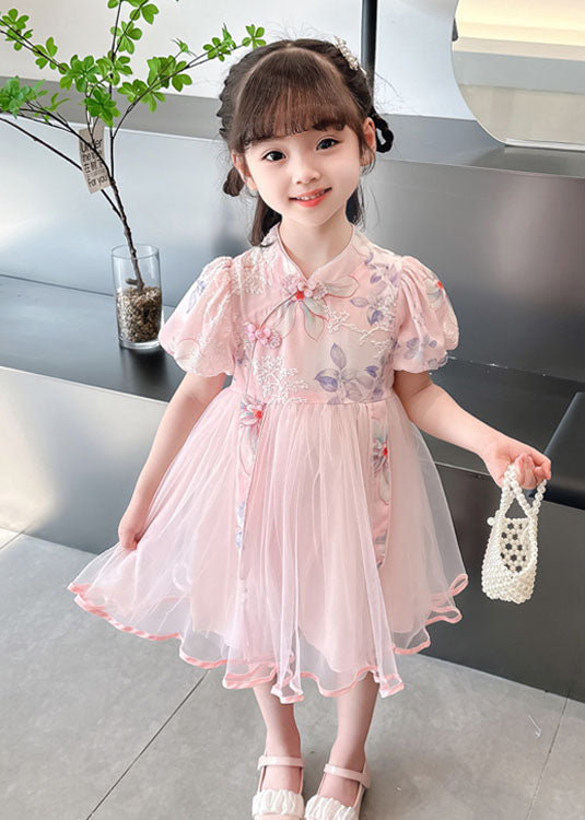Pink Embroideried Chinese Button Patchwork Tulle Baby Dresses Summer