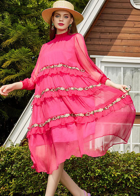 Pink Embroidered Patchwork Wrinkled Silk Long Dress Long Sleeve