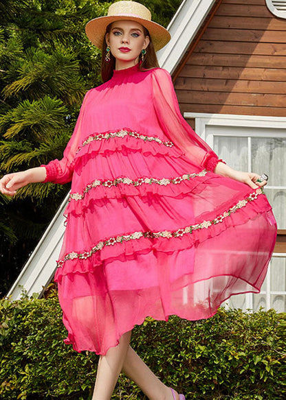 Pink Embroidered Patchwork Wrinkled Silk Long Dress Long Sleeve