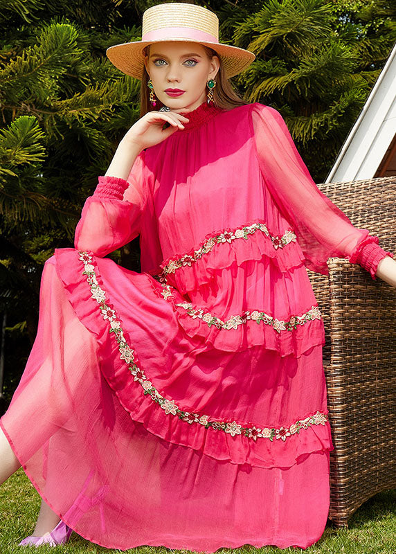Pink Embroidered Patchwork Wrinkled Silk Long Dress Long Sleeve