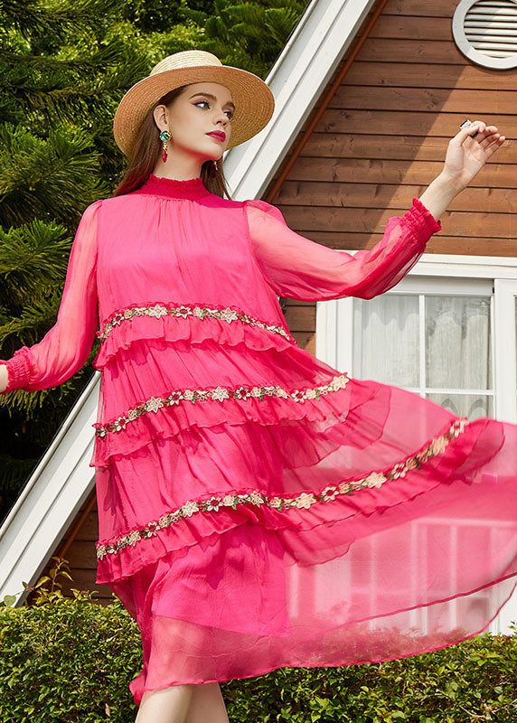 Pink Embroidered Patchwork Wrinkled Silk Long Dress Long Sleeve