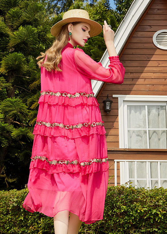 Pink Embroidered Patchwork Wrinkled Silk Long Dress Long Sleeve