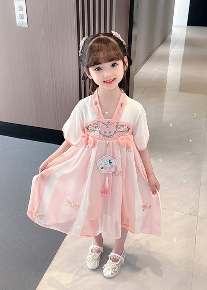 Pink Embroideried Patchwork Bow Chiffon Kids Maxi Dress Summer