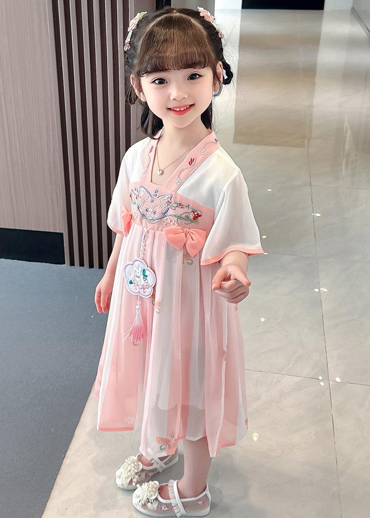 Pink Embroideried Patchwork Bow Chiffon Kids Maxi Dress Summer