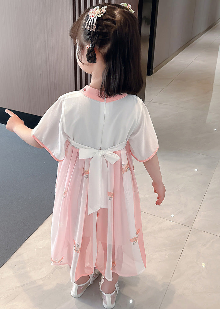 Pink Embroideried Patchwork Bow Chiffon Kids Maxi Dress Summer