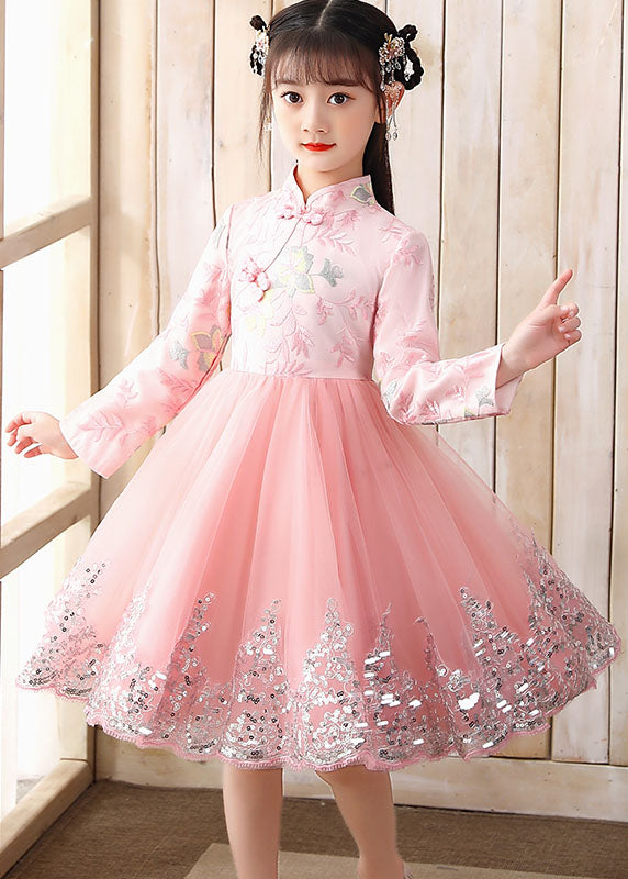 Pink Embroideried Patchwork Tulle Long Dress Fall