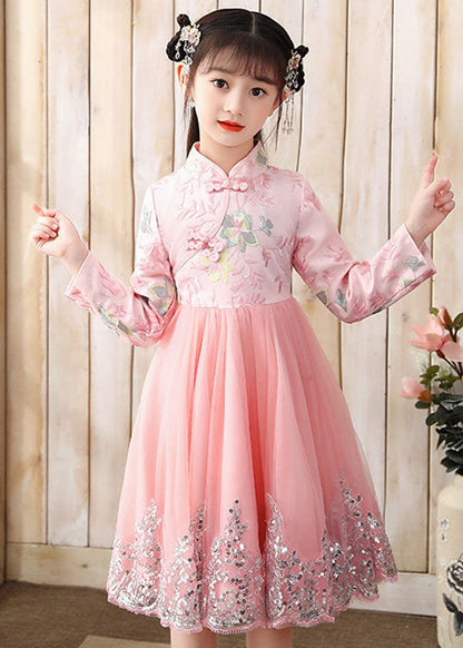 Pink Embroideried Patchwork Tulle Long Dress Fall