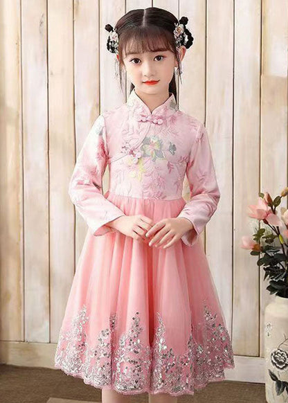 Pink Embroideried Patchwork Tulle Long Dress Fall