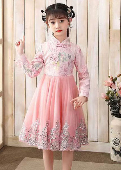 Pink Embroideried Patchwork Tulle Long Dress Fall