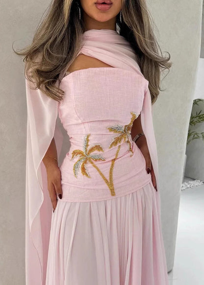 Pink Nail Bead Shawl Long Dress Batwin Sleeve