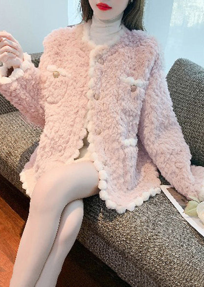 Pink O-neck Button Faux Fur Coats Fall