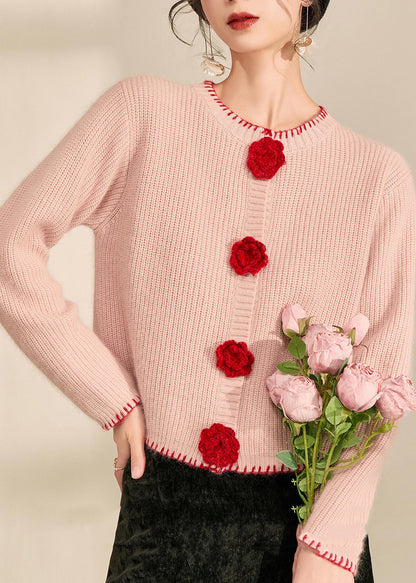 Pink O-neck Button Cotton Knit Cardigans Spring