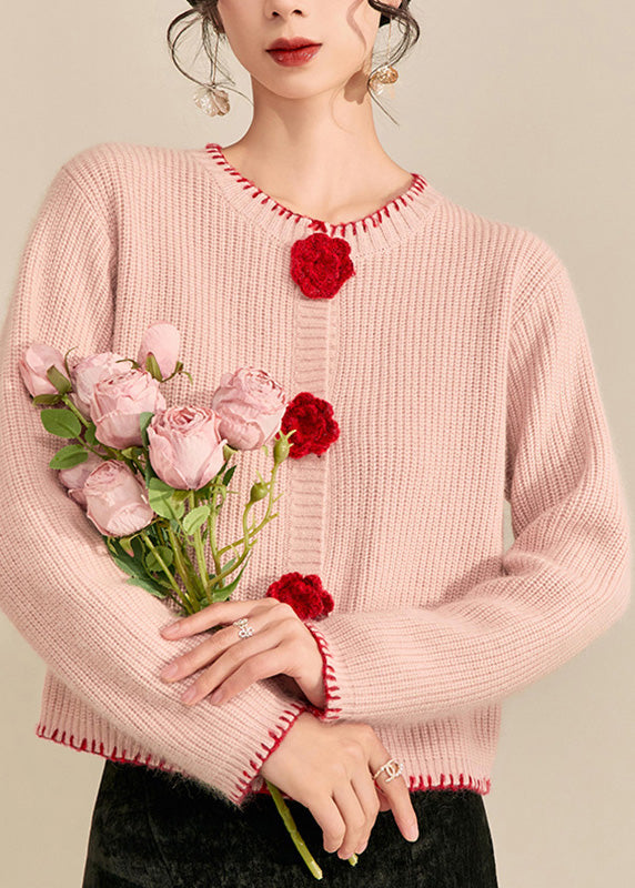 Pink O-neck Button Cotton Knit Cardigans Spring