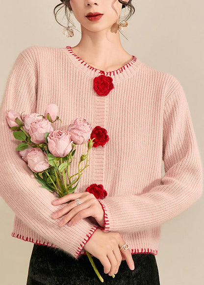 Pink O-neck Button Cotton Knit Cardigans Spring